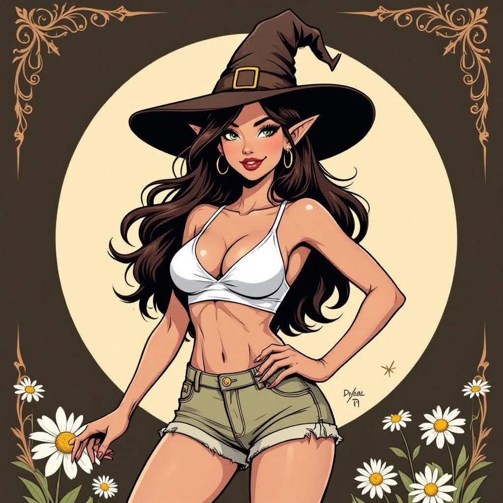 Dark Brown Hair Elf Witch Librariano up in Witches Hat. In Khaki Daisy Dukes and White bathing suit top