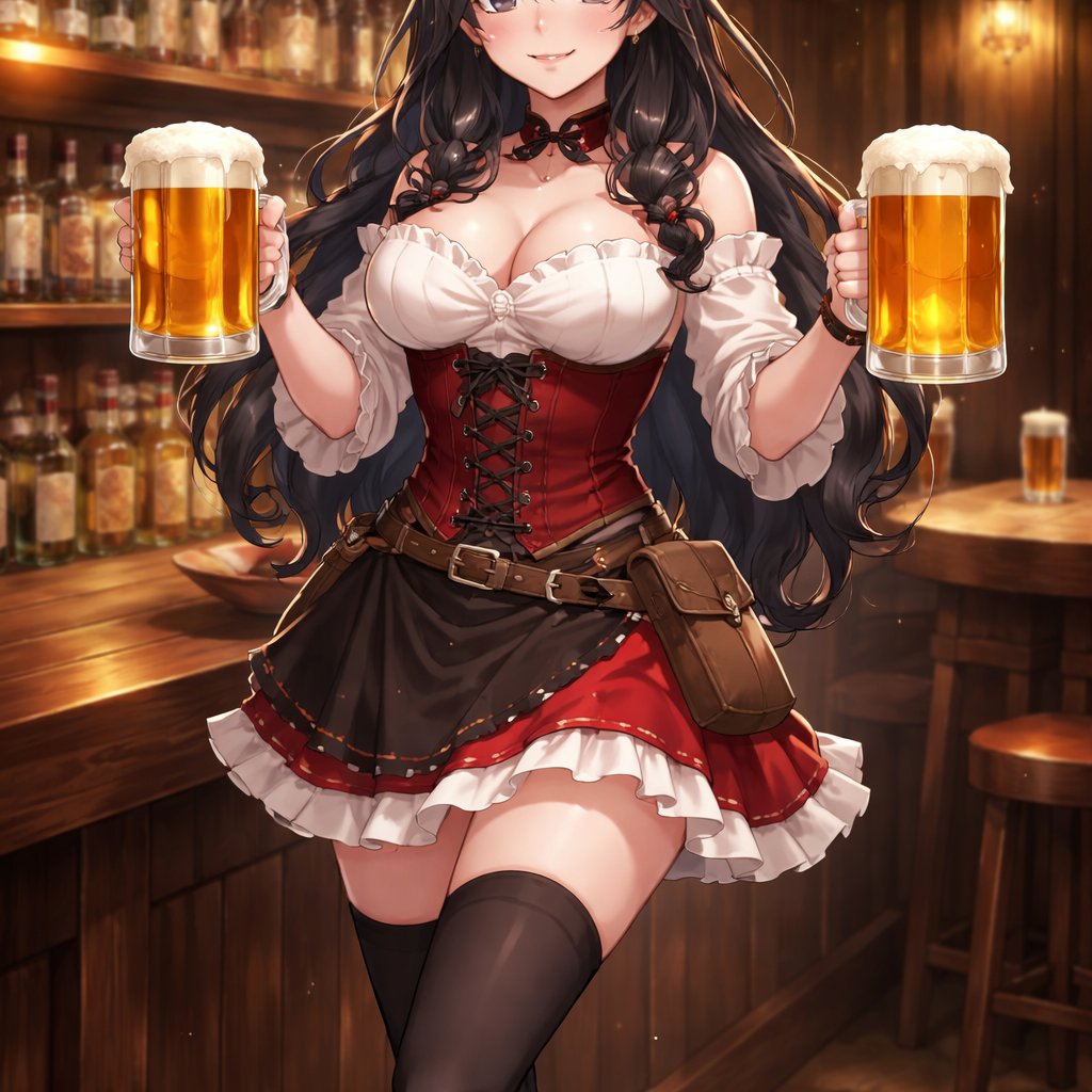Barmaid, Female, human, Dark hair, silver eyes, Sweet, holding drinks, mature, zoomed out, show all of her head, stop focusing on her breasts, stop cutting off the top of her head, zoom out, full body
