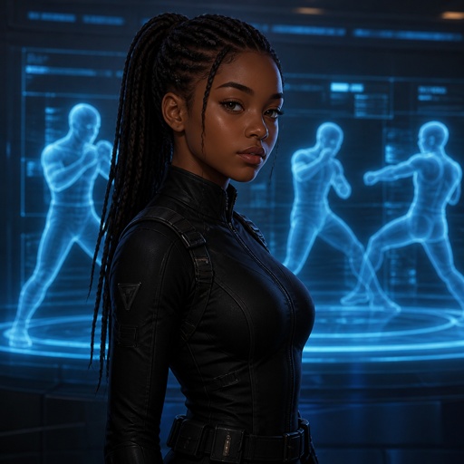 A 16 year old dark girl with long dark braids ima pony tail wearing spy fit with a background of holograms that only fight