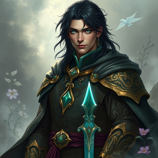 Medium length black hair sea green eyes Caucasian medieval lord with cool sword on his hip 