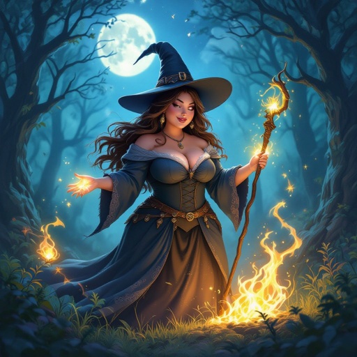 A curvey plus size witch with long hair and a witch hat