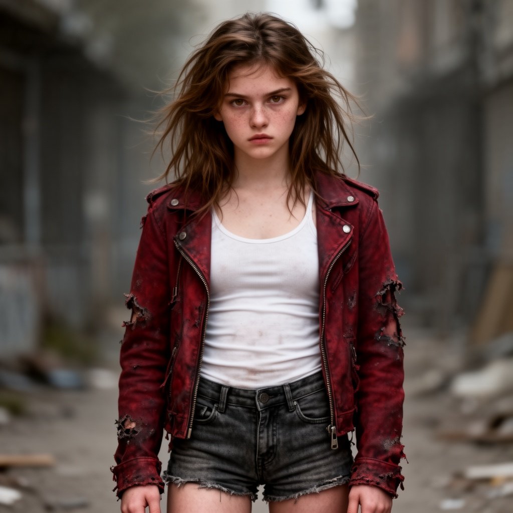 16 year old girl with medium sized brown messy hair down, light brown eyes, pale skin, dark red beat up jacket, white fitted tank top and dark gray jean shorts. Determined look, looks like a half-blood