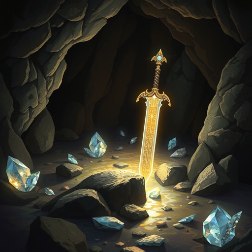 Most powerful glowing ancient magical sword in existence stuck point down in a cave floor. No one is in the cave