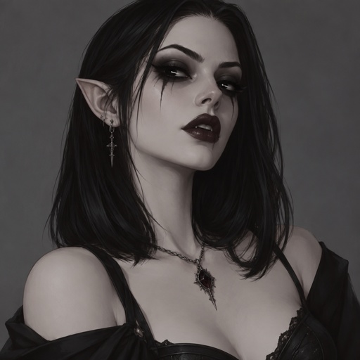 Female, straight black shoulder length hair, no bangs, vampire, white skin, completely black big eyes, white pupils, dripping mascara, dark lipstick, necklace pendant, sassy, pointy ears, concept,