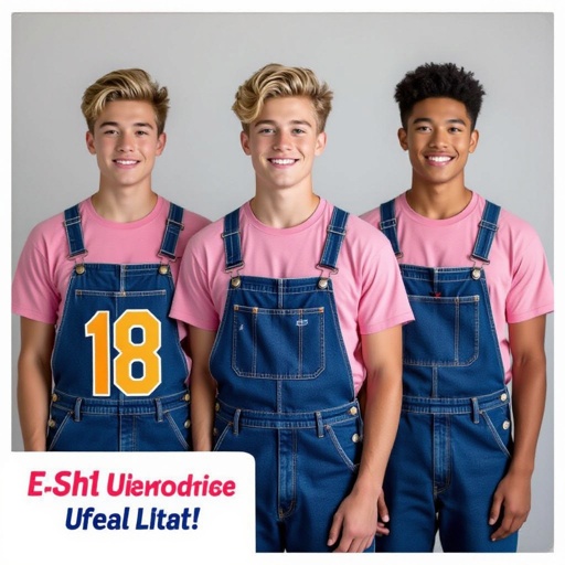 Half Japanese half Latino male 18-year old with blonde hair and blue eyes no beard wearing a pink shirt with overalls and slightlychubby cheeks