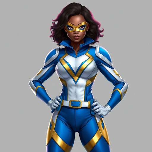 A teenage African American female superhero wearing a domino style mask with slightly curly hair in a shoulder length side part style wearing a slightly armored polyester and cloth white and blue suit with gold accents a skin tight collar blue pants and a stylized V as her chest emblem a utility belt and blue boot heel less