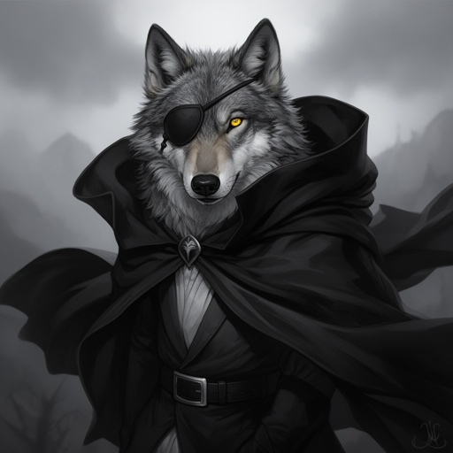 A wolf with an eye patch and yellow eyes and black cloak