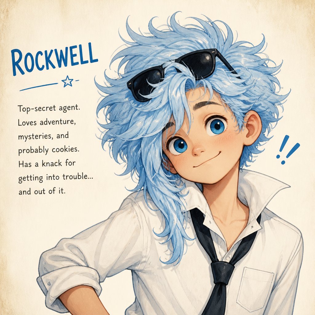 Comic Anime Agent Rockwell very poof up messy hair half side longer and drooped down hair is a light blue skin color white, very bright blue eyes, wears a suit tie is loose, he doesn't wear his jacket his collar to his shirt is uneven sunglasses on his head He's know for his mischievous and reckless behavior but takes missions very seriously is one of the best agents they have Ren is Rockwell's partner is very serious and organized opposite of Rockwell, get very annoyed at Rockwell's behavior they tend to argue with each other but Rockwell is more of having fun|
