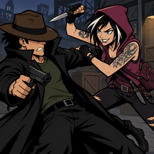 Male, no facial hair, brown fedora that covers eyes, black back hair spiky, black trench coat with upturned collar, green shirt, holding gun, Female, black jagged hair cut, neck length, white strands, two lip piercings, blue eyes, magenta sleeveless hoodie hood up, dark magenta satchel, belt with knife attached, gloves, tattoos on both arms, holding knife, smirk, fighting the other