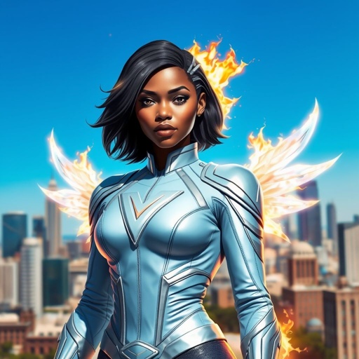 African American female superhero with hair made of white fire in a shoulder length side part hairstyle with eyes made of fire wearing a leather slightly armored light blue and silver suit with light blue pants and silver boots and a V as her chest emblem with wings made of white fire standing in Philadelphia during the day