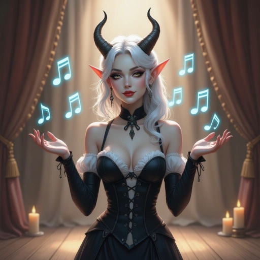 The image depicts a semi-realistic fantasy character performing on a softly lit stage. She’s a tiefling — a humanoid figure with small curved horns, pointed ears, and a slender tail tipped in dark red and black. Her skin is porcelain-pale, and her long silver-white hair flows past her shoulders beneath a black beret.  She wears a whimsical mime-inspired outfit: a sleeveless black and deep-red striped dress with suspenders, matching thigh-high stockings, and long gloves in the same pattern. A bright red neck scarf provides contrast, and her makeup exaggerates her expressive features — dark eyeshadow, vertical lines beneath her eyes, and small red lips parted in mid-song or gasp.  Around her, faint glowing blue musical notes spiral through the air, suggesting she’s singing or casting a magical performance. The background shows a wooden stage framed by ivory curtains and soft candlelight, giving the entire scene a theatrical, vintage cabaret atmosphere.  The overall mood blends elegance, whimsy, and a hint of melancholy — as if this performer’s music carries both laughter and longing.