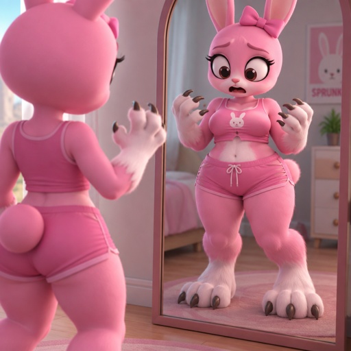 Pinki from sprunki standing in front of her mirror as she is in her kind Wererabbit form and she notices that she is getting bigger and stronger with her hands and feet transforming into Wererabbit paws claws and all with her body and her boobs getting larger with her clothes stretching to accommodate her changing body and she realises that she’s getting bigger and stronger for Jevin from Sprunki 