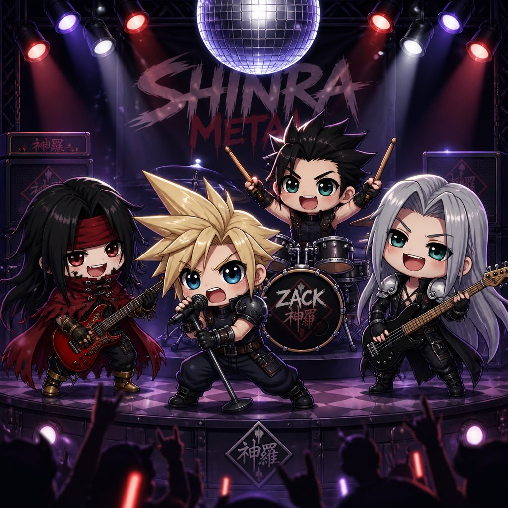 Cloud Zack Sephiroth and Vincent from ff7 cloud singing heavy metal very aggressively and Zack aggressively playing drums and yelling Sephiroth aggressively playing base and laughing and Vince aggressively playing the guitar and laughing on a stage with a disco ball