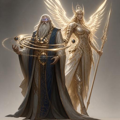 time lord with saturn rings white beard, large female spirit valkyrie companion, time eyes