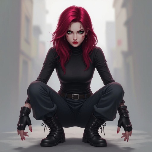 Full body Pale skin, grey eyes, sharp canines and molars, dark red fluffy hair, small scars over body. Wears skin tight long sleeves and baggy pants, metal boots and black leather fingerless gloves.