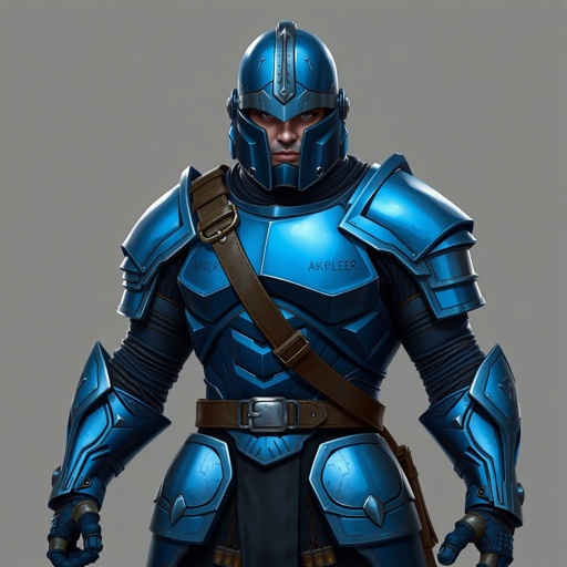 Man in metal blue military armor with amo strapped on his waist a cool shoulder pad leather strap across his chest and a really cool helmet that shows nothing of his face