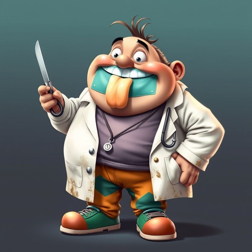 create a fat doctor. Who is funny human looking from head to toe. And he always immediately results to surgery for anything even small things. So please be sure to show his whole outfit head to toe. Make him have 1 tooth. Make it more adult humor instead of cartoon humor.