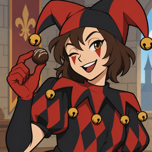 Jester holding a candy truffle  