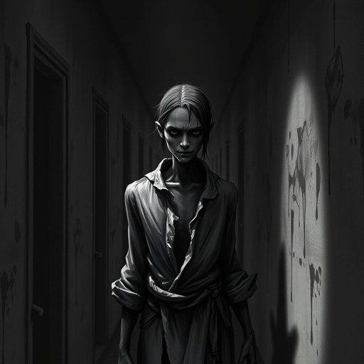 Create this background hall inside was dim, paint peeling in sheets. A metal door led to the cell block. Six cells, all empty. A cracked toilet in each. Rusty bunks, stale air, dust everywhere. No character just background