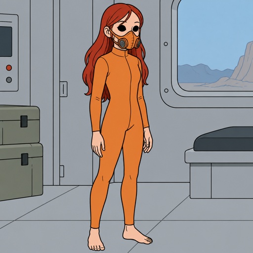 Female wearing an orange one piece legs covered sleeveless feet showing, red long hair, completely black eyes, orange breathing mask, 15 years old 
