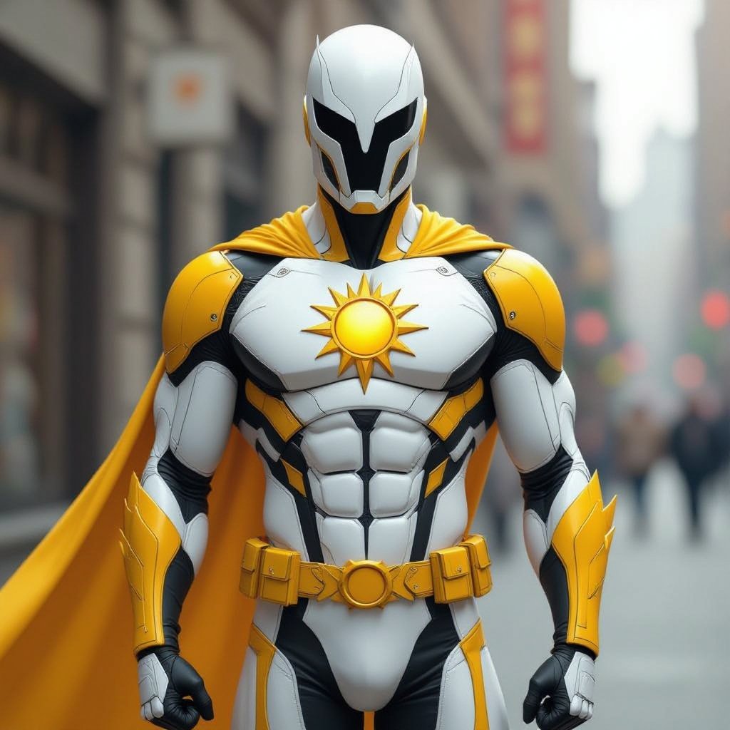 NO CAPE NO BELT NO CAPE NO BELT Super Hero. Half Helm. bright Whites and yellows, slender but muscular,  insignia of the scientific symbol of the sun on his chest. NO CAPE NO BELT NO CAPE NO BELT NO CAPE NO BELT NO CAPE NO BELT NO CAPE NO BELT NO CAPE NO BELT NO CAPE NO BELT NO CAPE NO BELT NO CAPE NO BELT