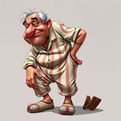 Create a adult humor character who is lazy as heck. And you could tell from his face and his entire outfit. Make is funny and the style of the graphic photographic 