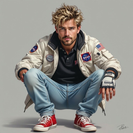 man with Dirty Blonde Unkempt Hair and Goatee.  Astronaut Flight Jacket Black And White Polo and Light blue denim jeans with red sneakers
