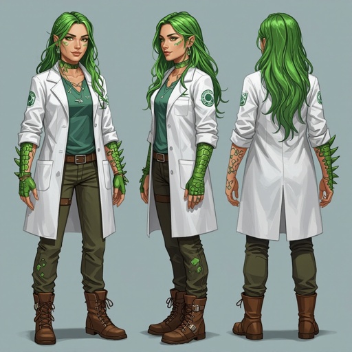 She is a woman that lives in the biotechnology faction of a RPG world. She’s 24 years old, is a scientist that uses herself as testing, had biochemistry tattoos and greenish hair. Her style has traces of punk but she has a kind face and her hair is long. She uses a lab coat, shirt, pants and boots. One of her arms is full of lizard scales and claws. Make 3 full body designs of her