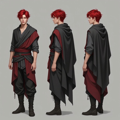 Male 18-year old dyed red hair dark grayish and red and black clothes  