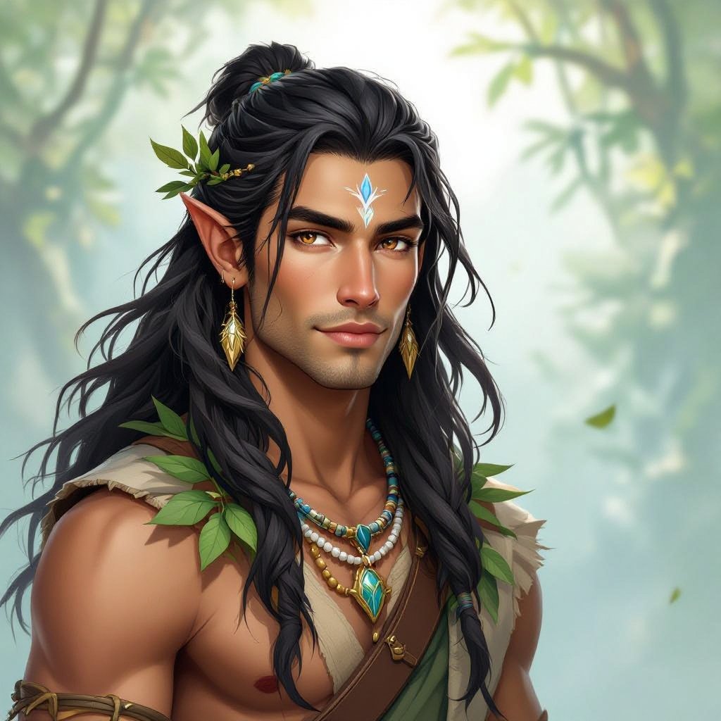 Male air genasi druid, 5’6, 130 pounds, brown eyes, black hair, tan skin, 20 years old