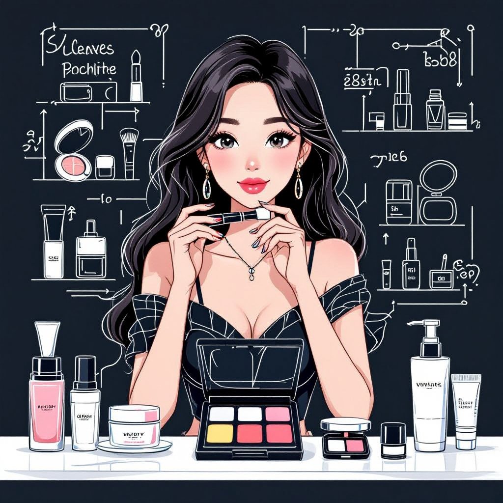 Create a character showing there whole body head to toe, a lady who loves beauty products  
