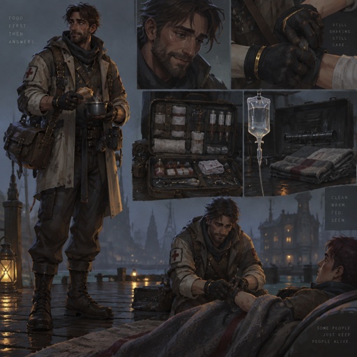Full body, with variations of a Man with kit open, saline before a scope, blanket on a pier. Hands that shake after his heart has stopped and still pull a cuff off someone else. Looks like a man who feeds you before he examines you. Gold on gloves is evidence, not style. Fortiche painted, field medic.