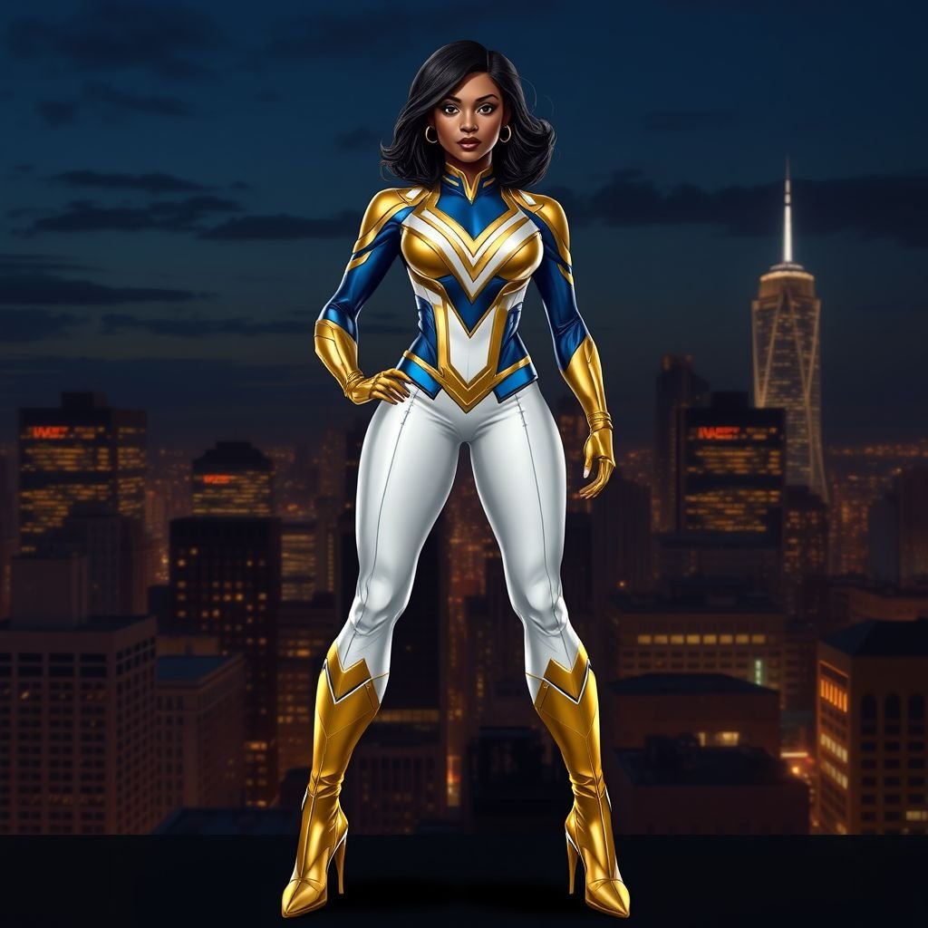 African American female superhero with shoulder length hair in a side part style wearing a gold and white suit with blue accents with white pants and gold boots with a stylized V as her chest emblem standing ona roof in a Philadelphia at night