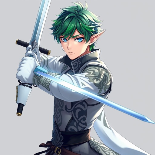 A fencer raised with elves, is a male adult, short hair