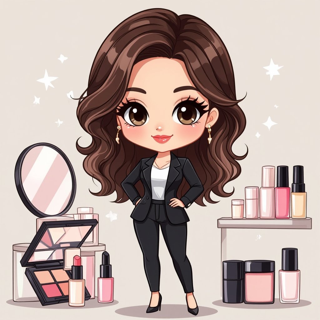 Create a business owner character showing there whole body head to toe, a lady who loves beauty products  