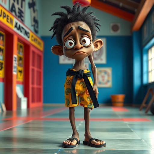 Create a character who looks like a funny African karate guy who doesn’t have a clue what he is doing. Make him have weird toes, only speedos on and a black karate belt. Make him tal skinny and slinky.