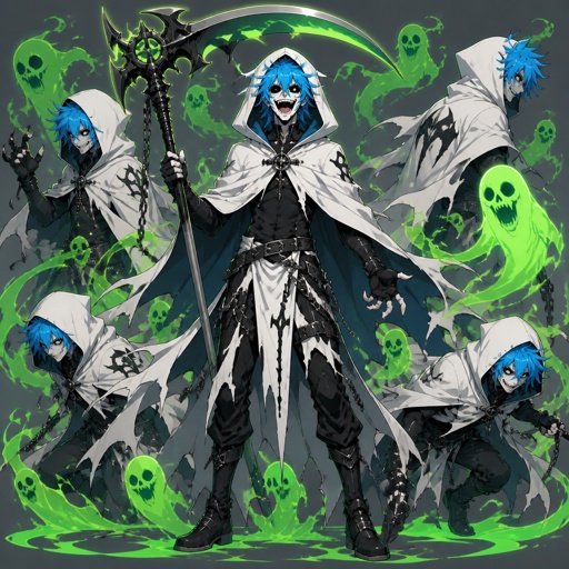Male superhero with the ability control green spirits, crazy, blue hair, white cape with hood, black eyes, scythe, multiple of the same character 