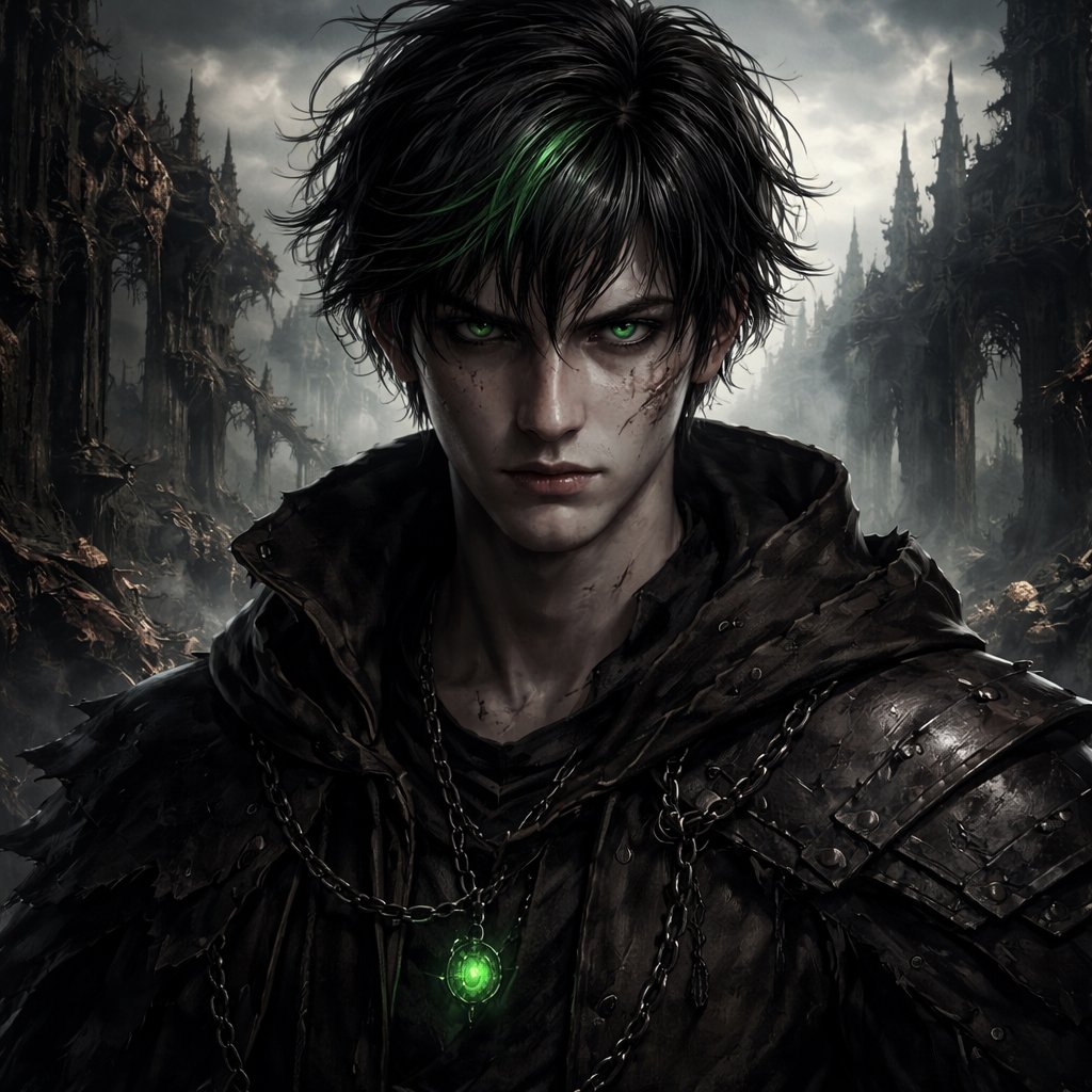 An 18 year old boy who has black hair with green stripes and has green eyes. He looks strong and determined.