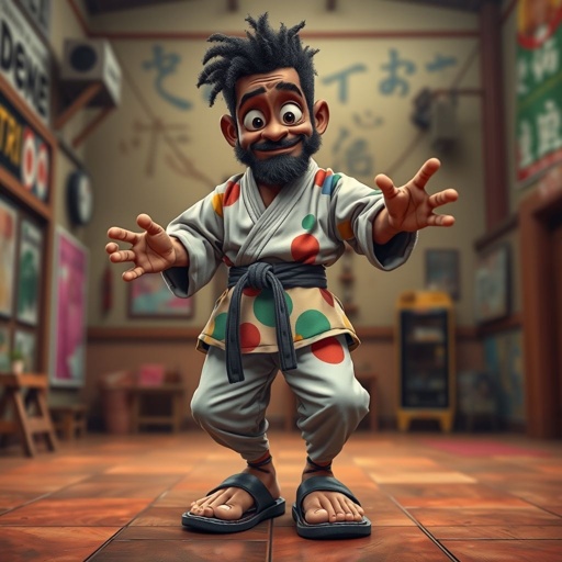 Create a character who looks like a funny African karate guy who doesn’t have a clue what he is doing. Make him have weird toes