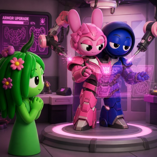 Vineria from Sprunki watching Pinki from Sprunki as Elita One merged with Jevin from Sprunki upgrading the twos shared armour to be more powerful and more durable 