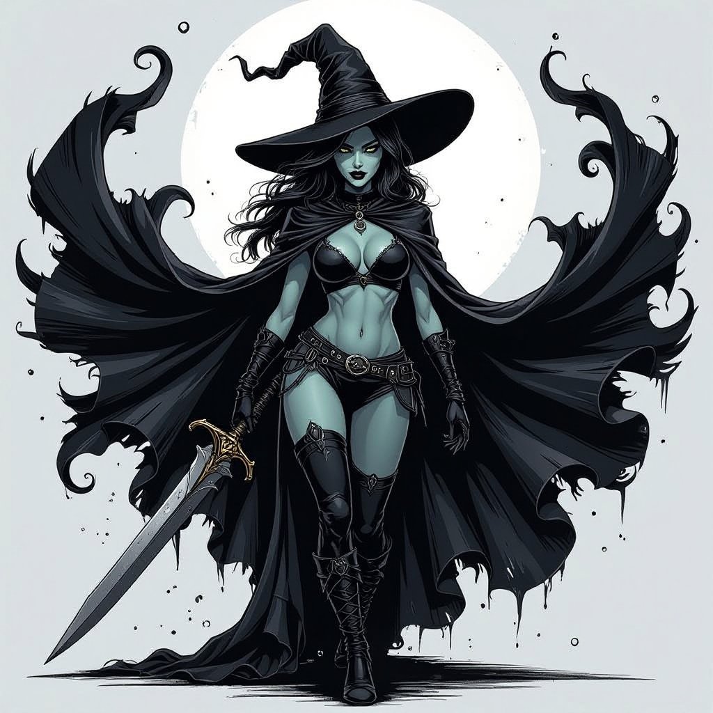 sexy shadow demon witch gypsy slate grey skin large black billowing cloak that emits darkness and shadow. Two piece. Witches Hat.  Wields Flamberge