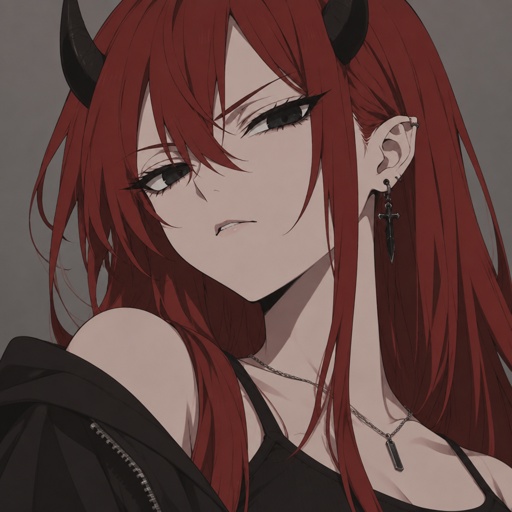 a woman with long red hair and horns on her head