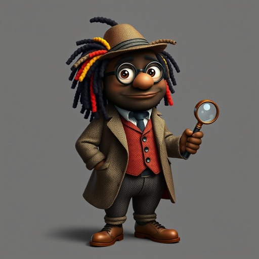 Create a funny fat character similar to Sherlock Holmes, but make him of black decent and with dread locks. Show his whole outfit including his shoes.
