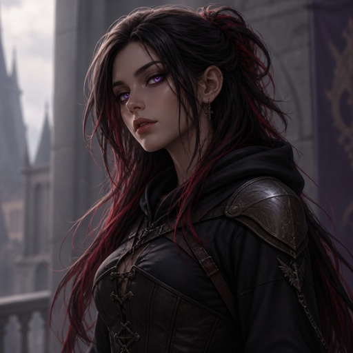 Dark hair with red highlights in a half up half down hair style has some fantasy armour and she has a corset that she wears over a dark hoodie and purple eyes. 