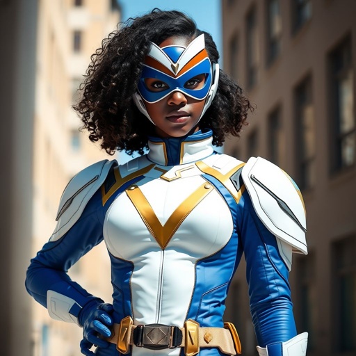 A teenage African American female superhero wearing a domino style mask with slightly curly hair in a shoulder length side part style wearing a slightly armored polyester and cloth white and blue suit with gold accents a skin tight collar blue pants and a stylized V as her chest emblem a utility belt and blue boot heel less