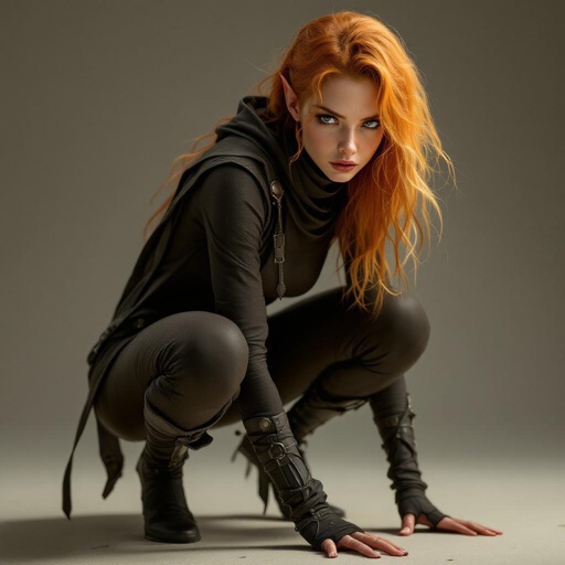 Strawberry Blonde High Elf Assassin in a Stealthy Dark Sepia and Ochre Fitted Tight jumpsuit. No tattoos. Full body. She’s crouched and hunting