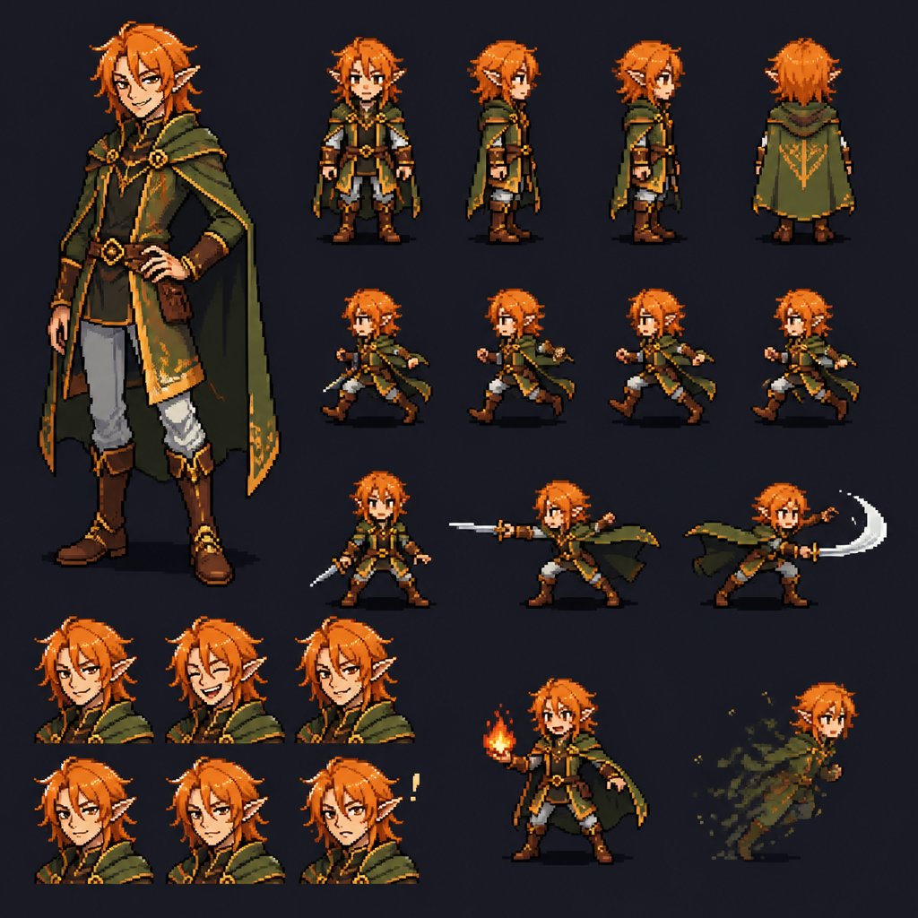 male, elf, orange neck length messy hair, mischievous smirk, elf like clothes, tall, multiple of the same character