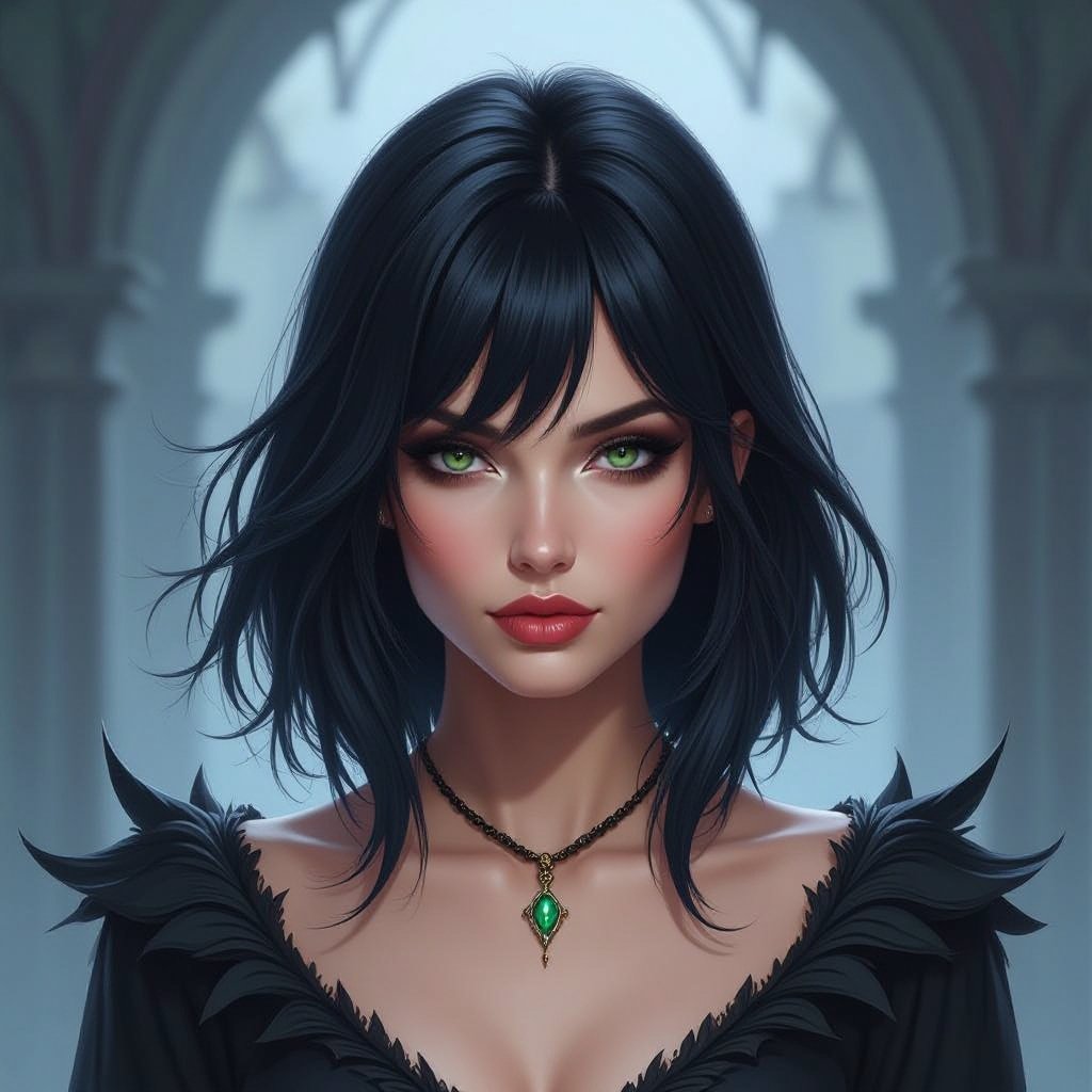 Show character head to toe. Create a mid age fantasy woman jet-black hair is cut sharpand her eyes seem to pierce through darkness. A shadowy aura clings to her form,