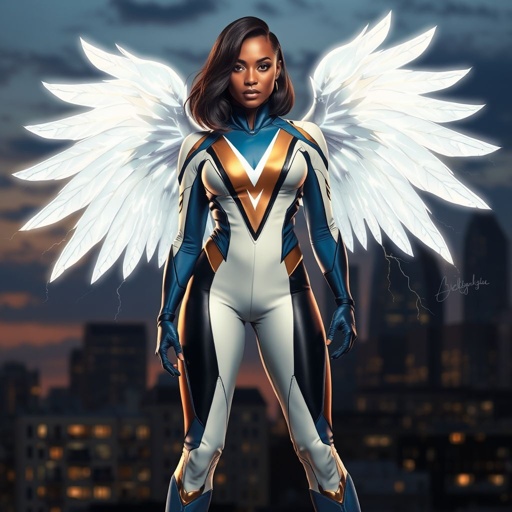 African American female superhero with shoulder length hair in a side part style and wings made of white lightning wearing a domino mask wearing a slightly homemade white blue and black suit with black pants with a stylized V as her chest emblem wearing blue flat boots made of gold standing in Philadelphia at dusk