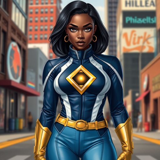 African American female superhero with hair in a shoulder length side part hairstyle with pure Glowing eyes wearing a leather navy blue white and gold suit with light blue pants and gold boots and a gold diamond within a black hole as her chest emblem in Philadelphia